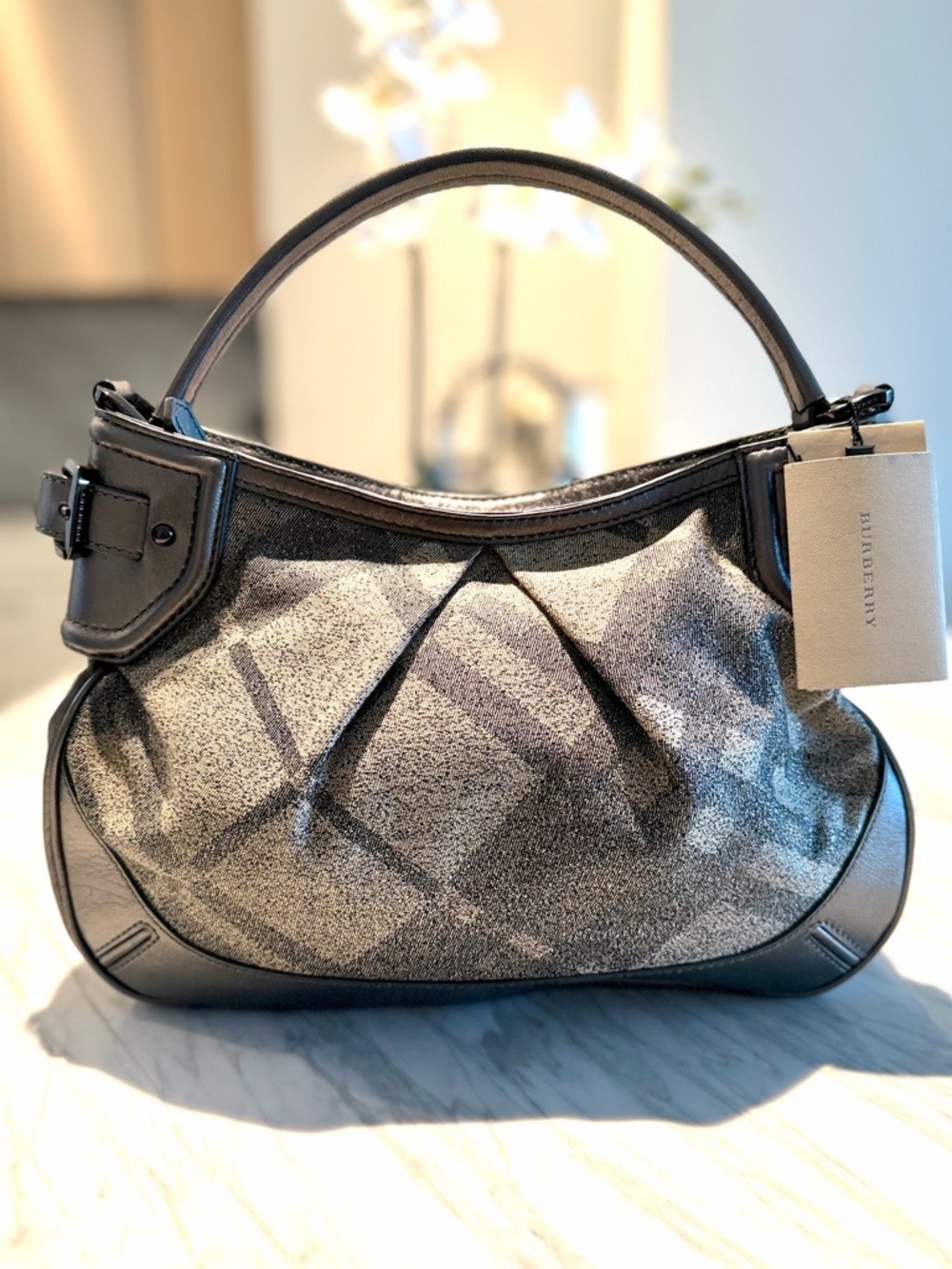 Burberry mettalic Shoulder Bag with Leather Trim